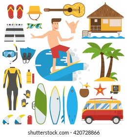 Surfing time elements and gear collection. Summer vacation surfgear and equipment. Summertime trip set with surfboard, surfer man, bungalow, tourist van bus, snorkeling accessories and beach clothes.