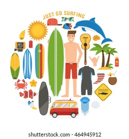 Surfing time elements and icons collection. Summer vacation surf gear and equipment. Surfing lifestyle concept. Surfboard set, surfer man, tourist van bus, surf boarding and tropic beach accessories.