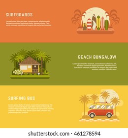 Surfing time horizontal backgrounds for websites and internet. Summer active holidays concepts. Surfing banners with various surfboards on tropical beach, forest bungalow and van. Sea travel vacation.