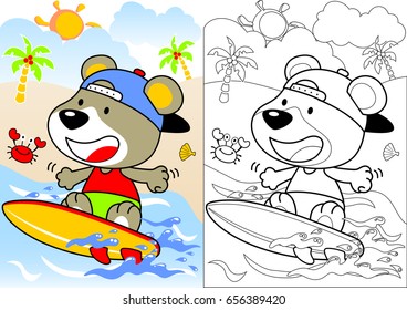 surfing time with little bear, vector cartoon, coloring book or page