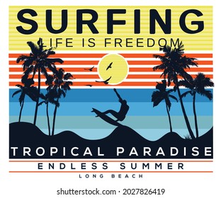 Surfing time at the palm beach t shirt design. Summer tropical vector graphic print for sticker, garment , fashoin and others.