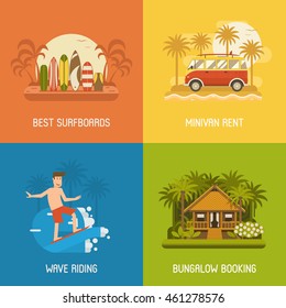 Surfing time posters for websites and internet. Summer active holidays concept backdrops. Surfing background set with surfboards on tropical beach, forest bungalow, surfer travel van. Sea vacation.