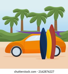 Vektorbanner für Social Media, Posts, Poster . Sommerbanner: ein Auto in der Nähe des Meeres, ein Strand, Palmen, Surfbretter.