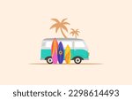Surfing time summer fun concept. Vintage blue surf van, retro bus, with surfboards and palm trees on background 