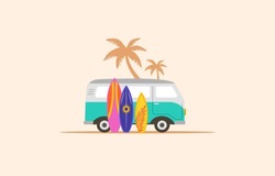 Surfing Time Summer Fun Concept. Vintage Blue Surf Van, Retro Bus, With Surfboards And Palm Trees On Background 