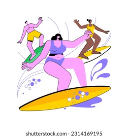 Surfing together isolated cartoon vector illustrations. Group of young friends surfing during concept tour together, traveling time, summer holidays, luxury accommodation vector cartoon.