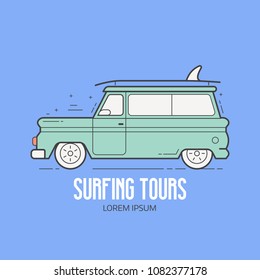 Surfing tour logotype. Surf van or car rental service logo in thin line design. Road auto travel icon.