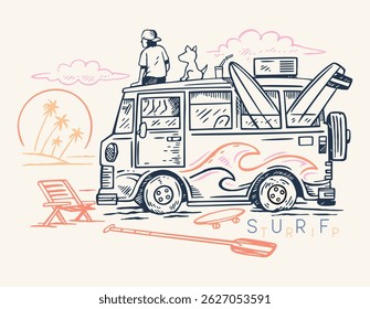 Ilustração de viagem de surf, arte estilo cartoon.