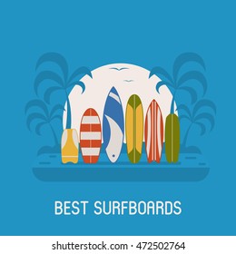 Surfing travel poster vector illustration. Different surf boards standing on tropical beache shore. Various surfboards on seashore side background. Summer beach landscape with colorful surfboard set.