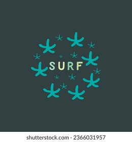 Surfing travel sports text with starfish t shirt logo vector design