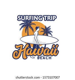 surfing trip hawaii beach. t shirt design illustration for surfer in vintage retro style