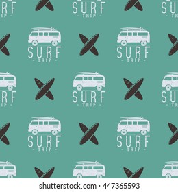 Surfing trip pattern design. Summer seamless with surfer van, surfboards. Monochrome combi car. Vector illustration. Use for fabric printing, web projects, t-shirts or tee designs. Retro colors.