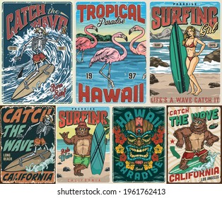 Surfing and tropical vintage posters with skeletons pretty girl funny bears in sunglasses surfers pink flamingos wooden tiki mask and exotic flowers vector illustration