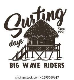 Surfing t-shirt design with bungalow 