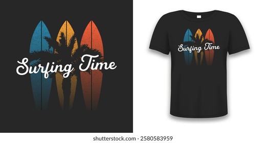 Surfing t-shirt design with color surfboards, palm tree and slogan - surfing time. Typography graphics for surf tee shirt. Vector illustration.