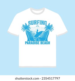 Surfing T-shirt design featuring a surfer with a surfboard amidst palm trees on a paradise beach.