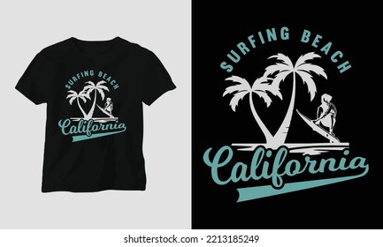 Surfing T-shirt Design con el árbol de plam y la silueta