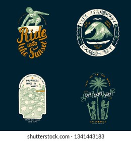 Surfing t-shirt design set: surf rider, giant wave, ocean waves on the palm beach, girls near the palm-tree