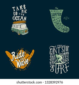 Surfing t-shirt design set: take me to the ocean - surfing van, surfboard fin quote lettering, ride the wave shaka sign - hand gesture, you can learn to surf - motivational print. 