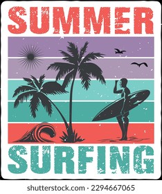 Surfing T-Shirt Design, Summer Design, Beach Design, Vector Art, Graphic T-Shirt. Colorful T-Shirt, Typography T-Shirt, Digital Print.