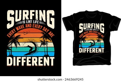 Surfing t-shirt design template vector, retro vintage t-shirt design.