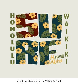 Surfing t-shirt floral graphic design. Waikiki Beach Hawaii Honolulu Surf typography label, summer, ocean, orchids, retro style emblem - vector illustration