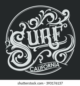Surfing t-shirt graphic design. Artwork apparel stamp. Hand lettering California surfers wear typography emblem. Creative design. Vector 