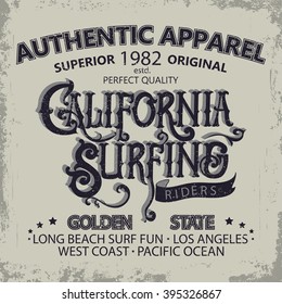 Surfing t-shirt graphic design. Artwork apparel stamp. Hand lettering. California surfers wear typography, Creative design. Vector 