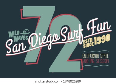 Surfing t-shirt graphic design. California surfers wear stamp. Sport typography emblem. Vector