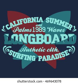 Surfing t-shirt graphic design. surfing grunge print stamp. California surfers wear typography emblem. Creative design. Vector 