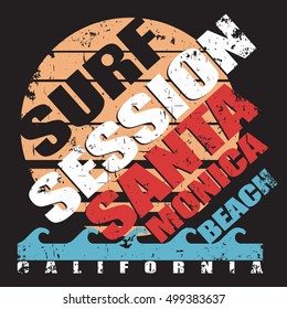 Surfing t-shirt graphic design. surfing grunge print stamp. California surfers wear typography emblem. Creative design. Vector