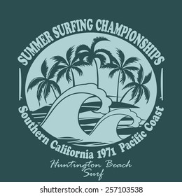 Surfing t-shirt graphic design. Huntington Beach world surfing championship. Pacific Coast California, surfers wear typography, Palm trees on the Beach Silhouette. Creative design. Vector template