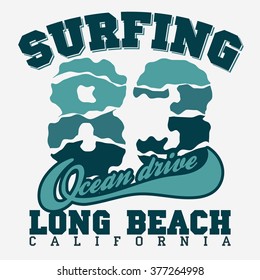 Surfing t-shirt graphic design. Long Beach sport Artwork apparel stamp. California surfers wear typography emblem. Creative design. Vector 