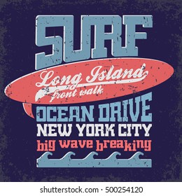 Surfing t-shirt graphic design. Long Island surfing emblem. New York surfers wear typography emblem. Vector