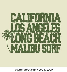 Surfing t-shirt graphic design. Malibu surfwear typography emblem. Vector template concept 