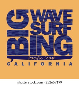 Surfing t-shirt graphic design. Pacific Coast California, Surfboard; surfers wear typography emblem - vector illustration