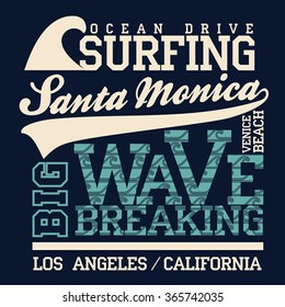 Surfing t-shirt graphic design. Santa Monica Beach California surfers wear typography emblem. Creative design. Vector 