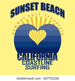 Surfing t-shirt graphic design. Sunset Beach surfing. California surfers wear typography emblem. Creative design. Vector template concept 