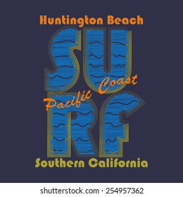 Surfing T-shirt Graphic Design. Surf Lifestyle. Huntington Beach. Surf Typography Label, Summer, Ocean, California, Retro Style Emblem - Vector Illustration