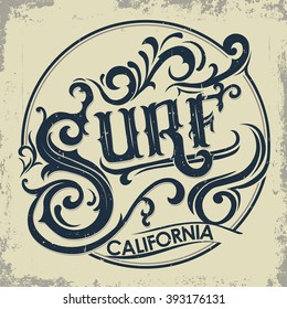 Surfing t-shirt graphic design. Surf Artwork apparel stamp. Hand lettering, California sports wear typography emblem. Creative design. Vector 
