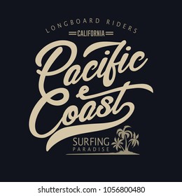 Surfing t-shirt graphic design. surfers print stamp. California surf wear typography emblem. Creative design. Vector