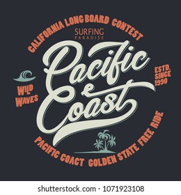 Surfing t-shirt graphic design. surfers print stamp. California surf wear typography emblem. Creative design. Vector