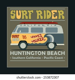 Surfing T-shirt Graphic Design. Vintage Retro Surf BUS. Surf Lifestyle. Huntington Beach. Surf Typography Label, Summer, Ocean, California, Retro Style Emblem - Vector Illustration