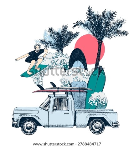 Surfing t-shirt print design vector. Sea waves and happy active people on the beach