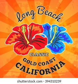 Surfing t-shirt print. Hibiscus Flower. Vector Illustration