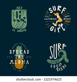 Surfing t-shirt print set: ocean beach palm-trees, woman surfing, aloha pineapple, surf wave. Surf tee design.