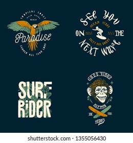 Surfing t-shirt print set: Parrot paradise, See you on the next wave surfer, Surf rider tropical leaves typography, Good vibes on the tydes monkey face