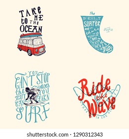 Surfing t-shirt print set - surfing van, surfboard fin, shaka sign and learn to surf vintage lettering designs