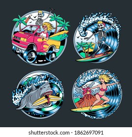 Surfing T-shirt Vector Designs. Surfing Logo Set. Vector Illustration.