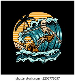 Surfing T-shirt Vector Designs. Vector Logo Illustration with Skeleton Surfer. Vintage Surfing Emblem for web design or print.